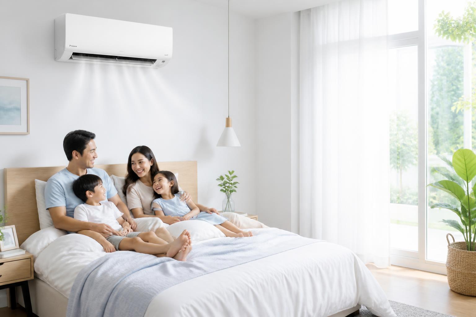 A family relaxing comfortably in a bright bedroom cooled by a wall-mounted aircon in Davao City